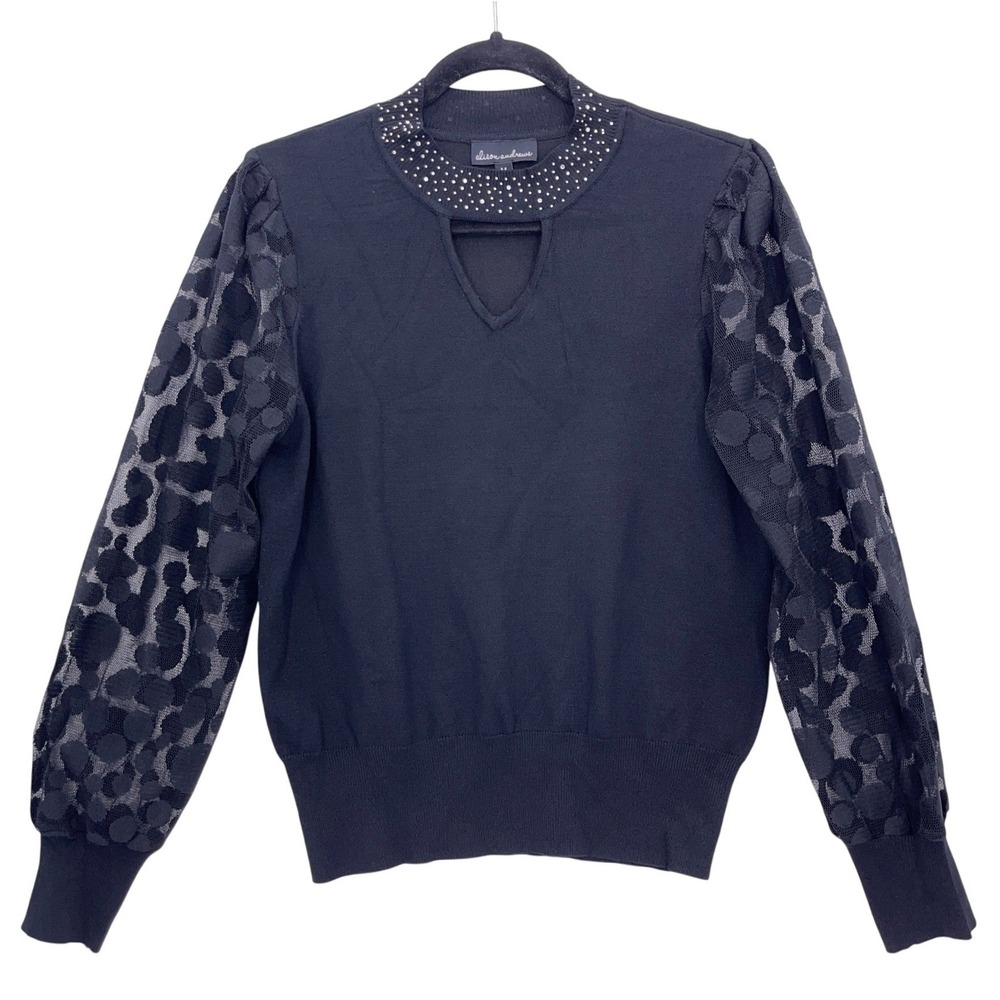 Alison Andrews Black Studded Keyhole Mesh Sleeve Sweater M Sheer Polka Dot Puff